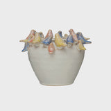 Stoneware Planter with Birds on Rim, Reactive Glaze