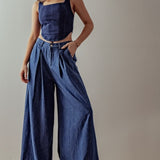 Wide Leg Pleated Denim Jeans
