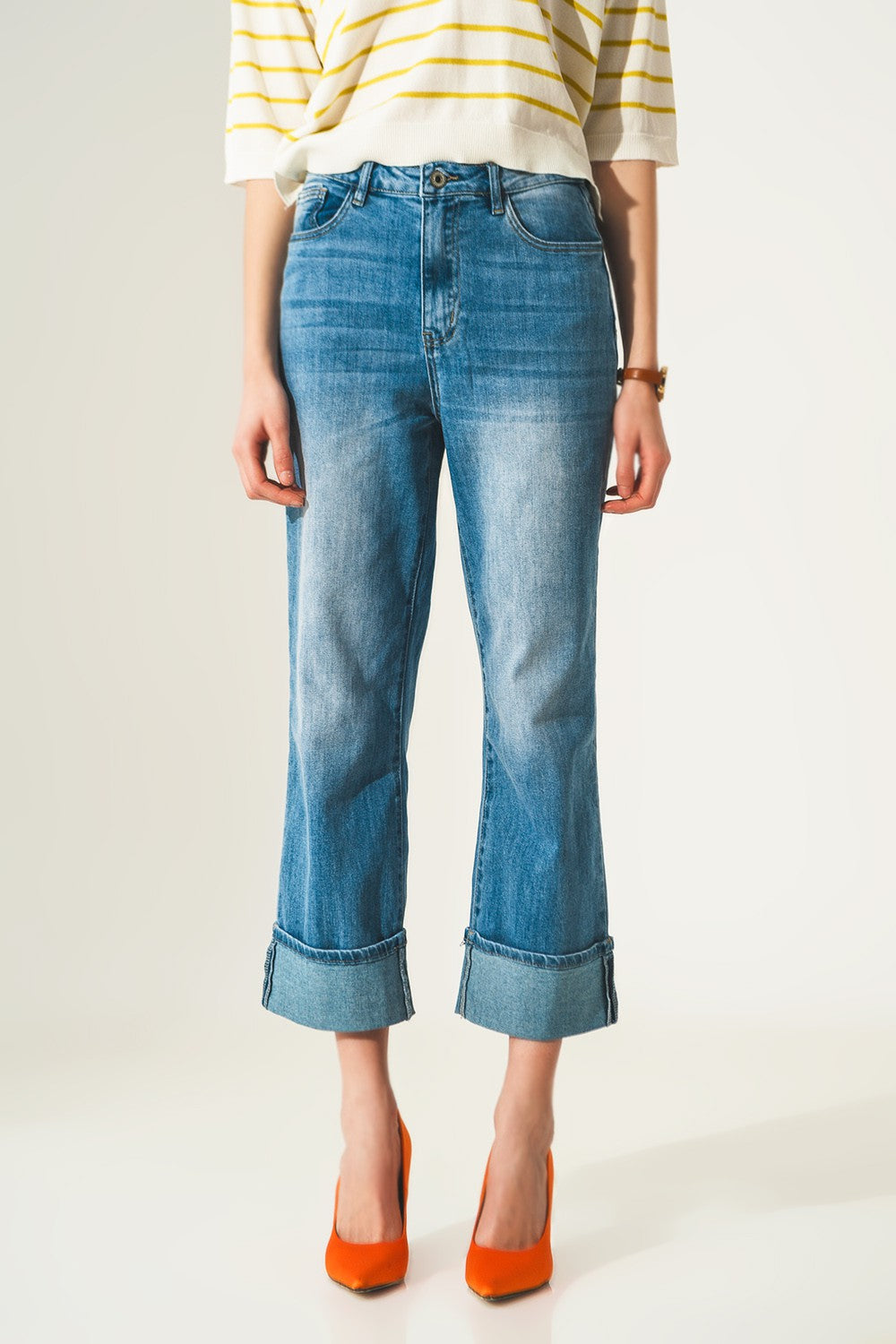 Roll Hem Jeans in Mid Blue