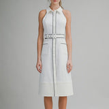 Contrast Trim Halter Midi Dress w/ Belt