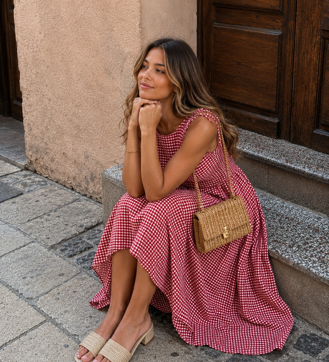 Open Back Gingham Midi Dress