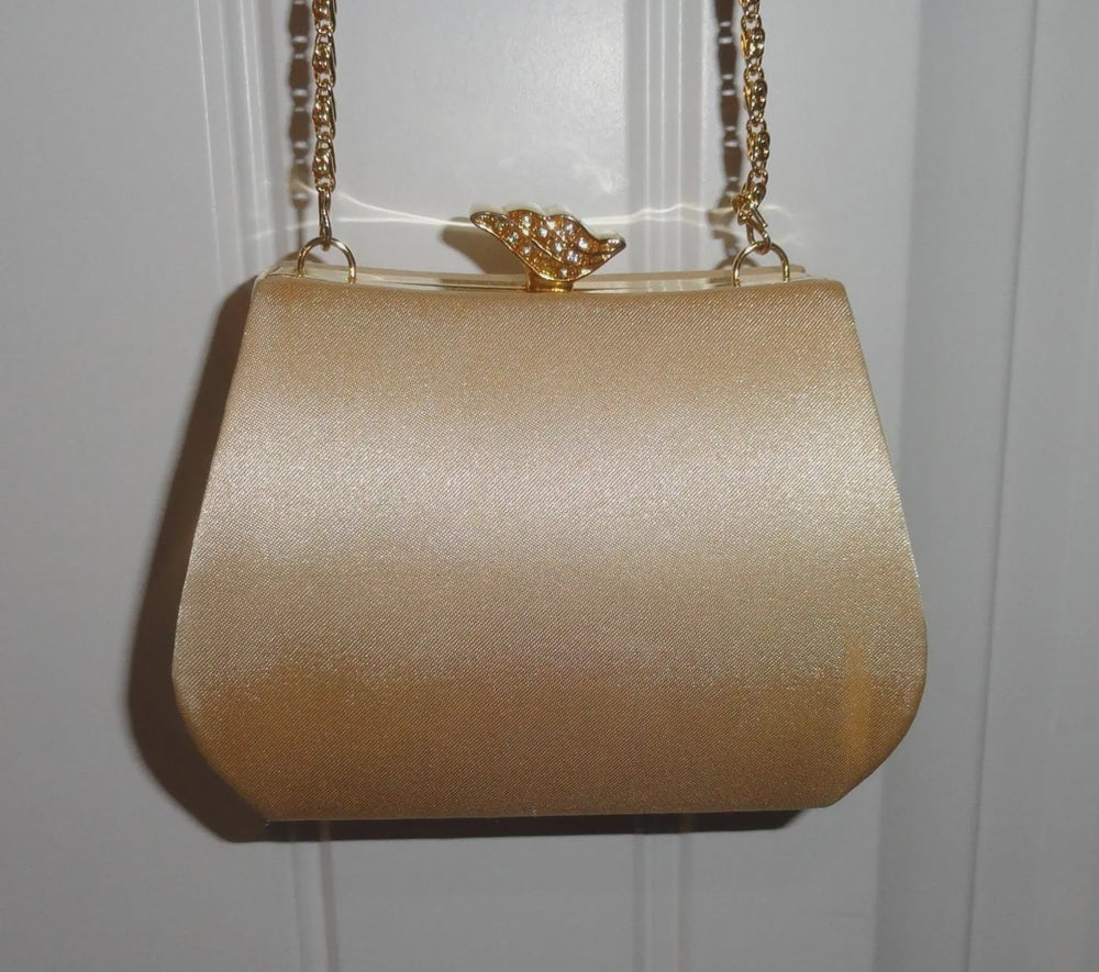 Gold Jessica McClintock Evening Hard Shell Evening Bag w Jeweled Clasp and Chain Handl