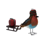Handmade Wool Felt Robin Pulling Sleigh with Gift