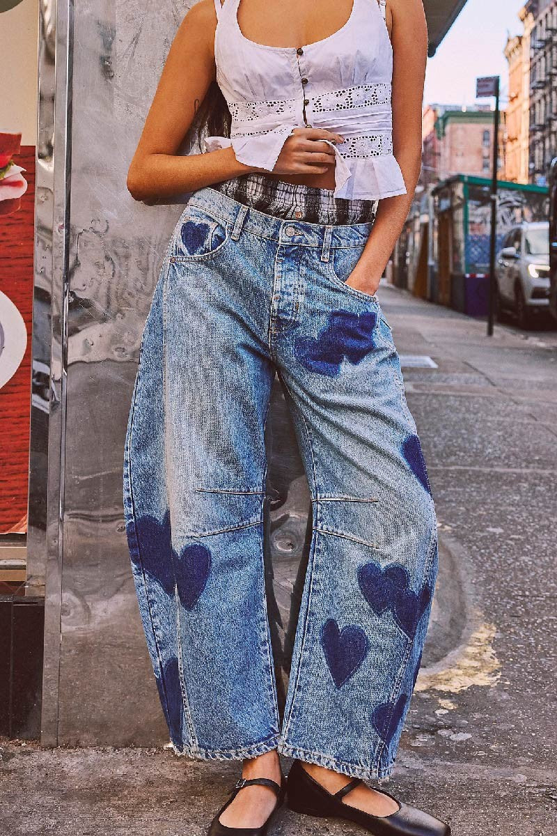 Heart Print Wide Leg Denim