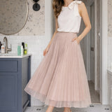 Lurex Pleated Double Mesh Midi Skirt