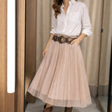 Lurex Pleated Double Mesh Midi Skirt