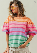 Striped Color Block Short Puff Sleeve Sweater