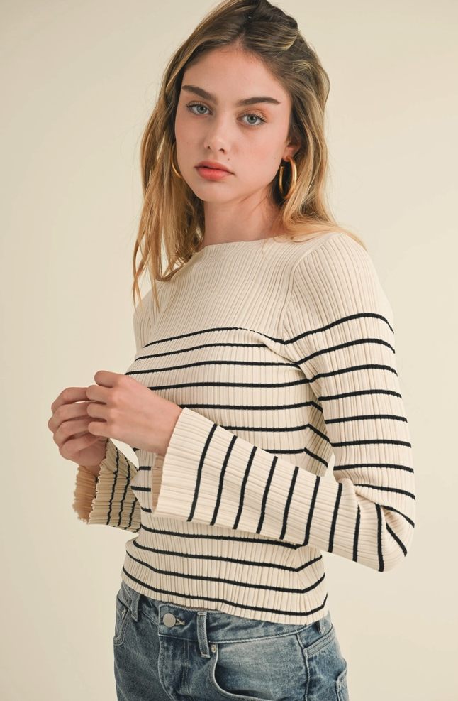 Beige and Black Stripe Ribbed Top