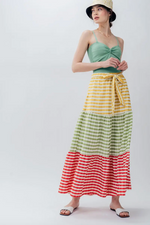 Plaid Color Block Belted Maxi Skirt