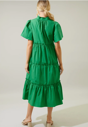 Noelle Split Neck Poplin Tiered Midi Dress