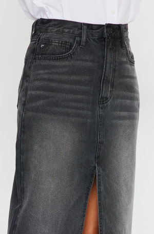 
            
                Load image into Gallery viewer, Longline Black Washed Denim Skirt
            
        