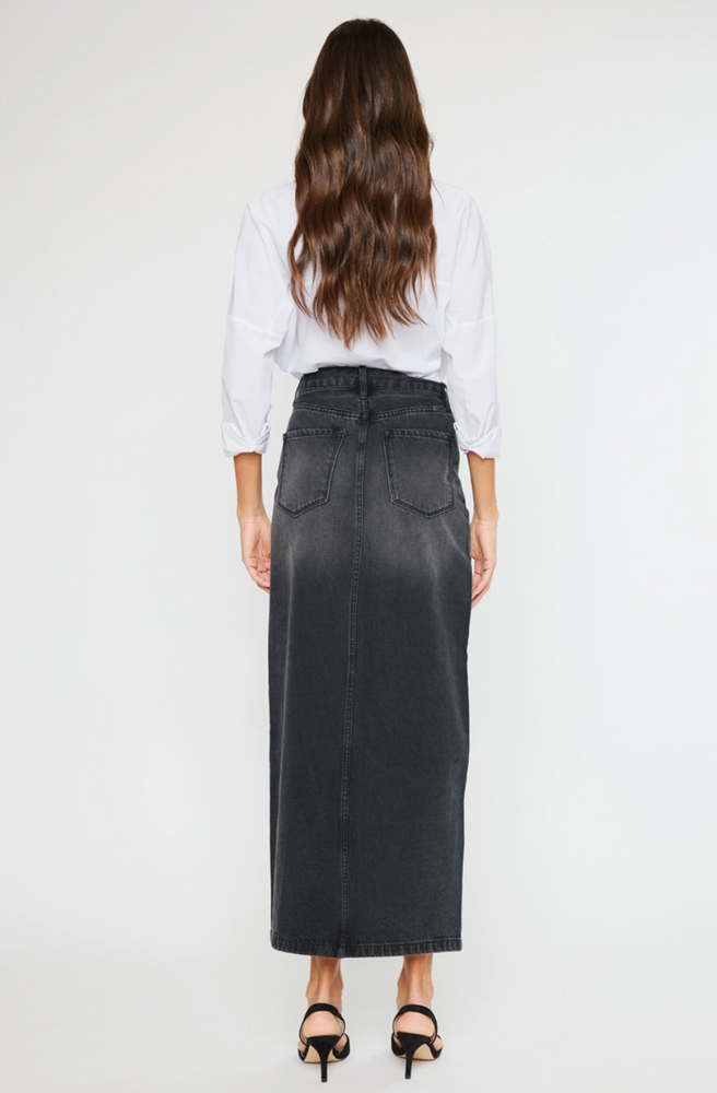 
                      
                        Longline Black Washed Denim Skirt
                      
                    