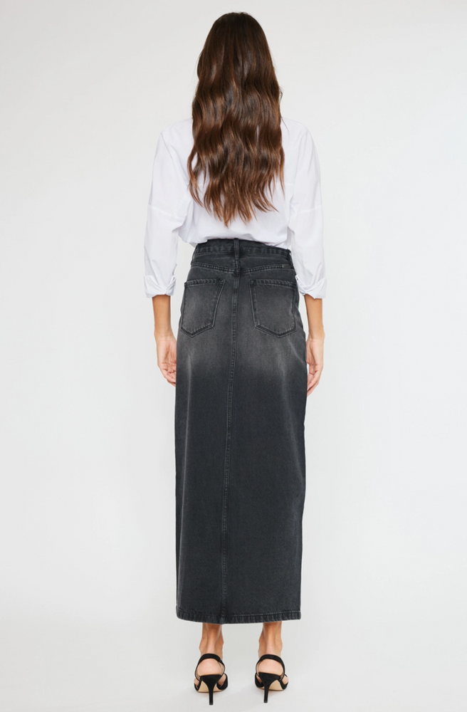 
            
                Load image into Gallery viewer, Longline Black Washed Denim Skirt
            
        