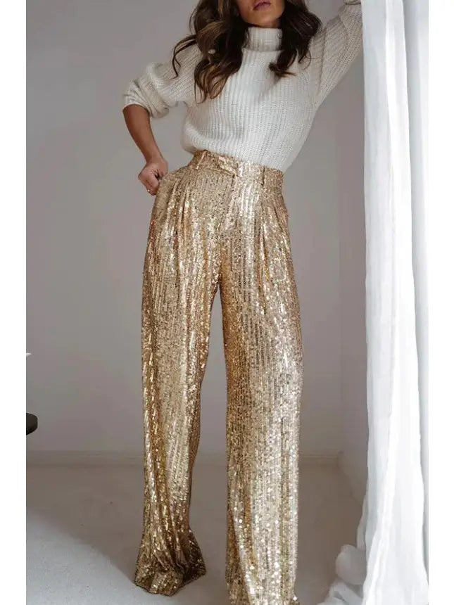 Comfy + Chic Gold Flared Leg Sequins Trousers