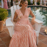 Stripe Tie-Back Ruffle Maxi Dress