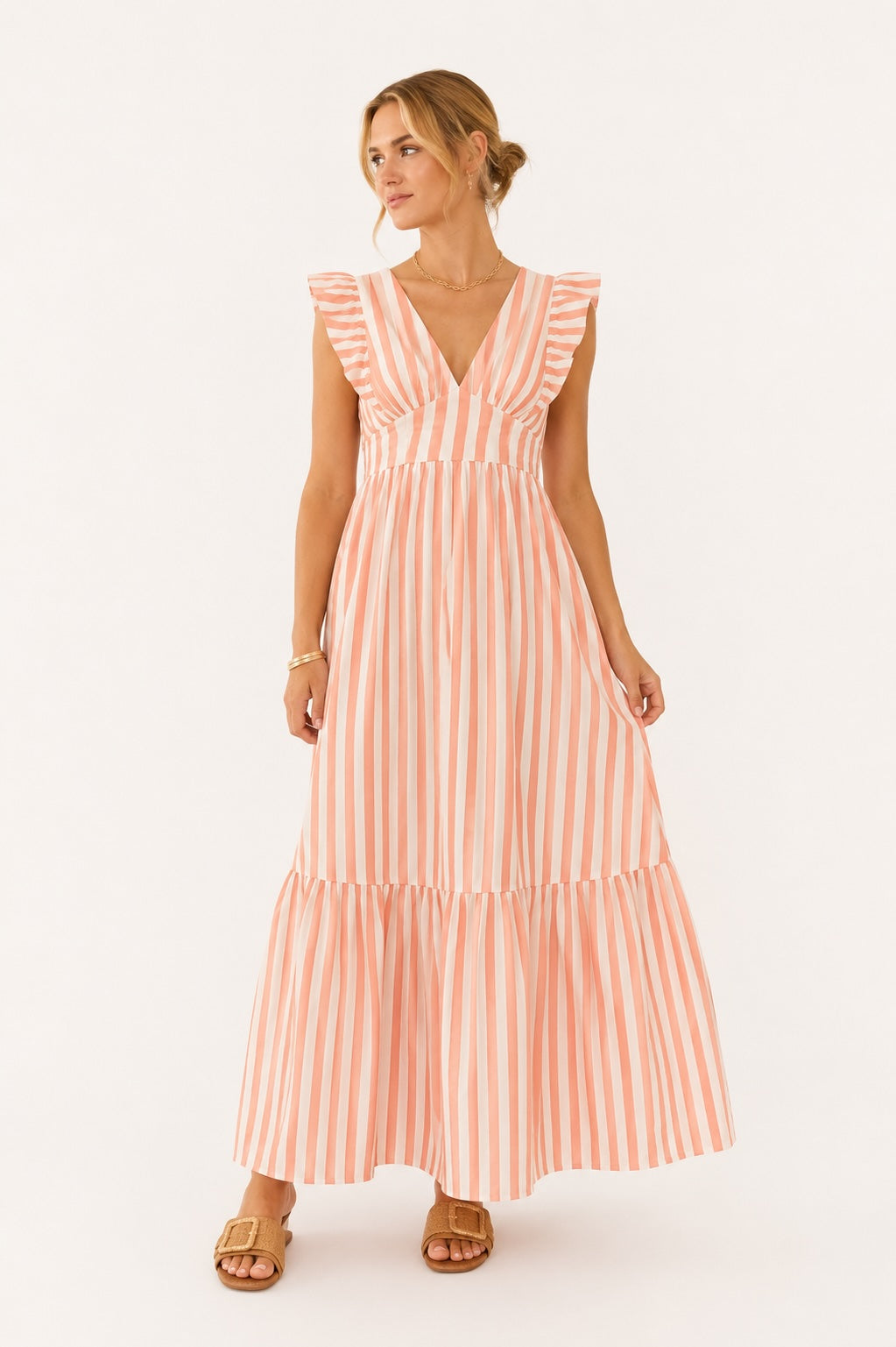 Stripe Tie-Back Ruffle Maxi Dress