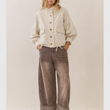 Ballon Sleeve Twill Jacket Drawsting Waist