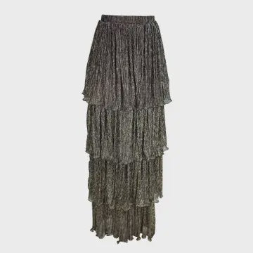 Metallic Pewter Tiered Maxi Skirt