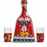 Vintage Red Leather Folk Art Decanter Set