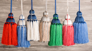 
            
                Load image into Gallery viewer, Navy &amp;amp; Deep Orange Tassel, Trellis Home Tassels &amp;amp; Trims Collection with Pyar&amp;amp;Co.
            
        