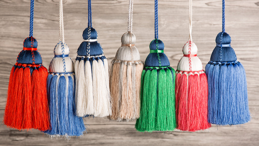 
            
                Load image into Gallery viewer, French Blue &amp;amp; White Tassel, Trellis Home Tassels &amp;amp; Trims Collection with Pyar&amp;amp;Co.
            
        