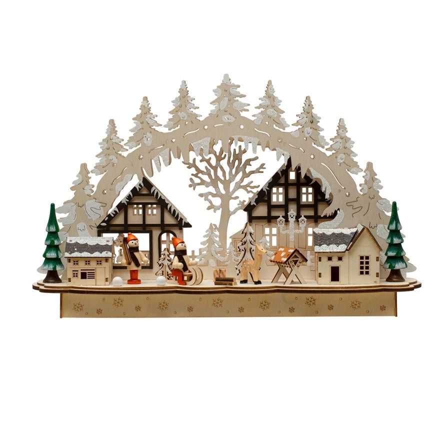 Wood Laser Cut Village w/ Shops, Deer, Villagers & LED Lights