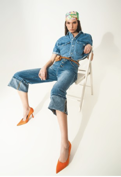Relaxed Jeans with Rolled Hem and Exposed Buttons