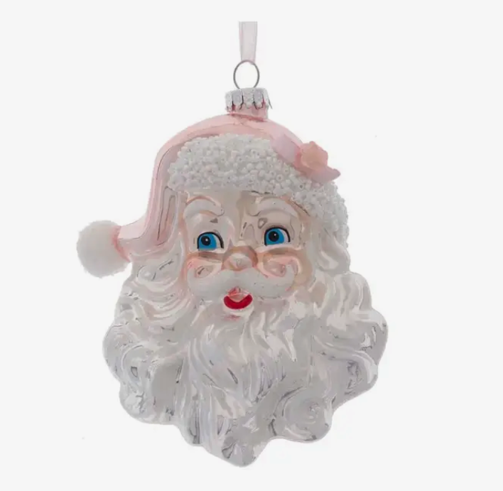 Glass White/Pink Santa Head Ornament