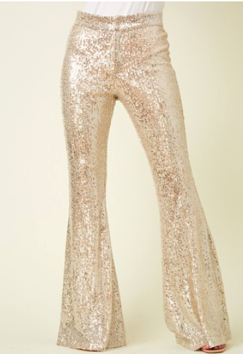 Comfy + Chic Gold Flared Leg Sequins Trousers