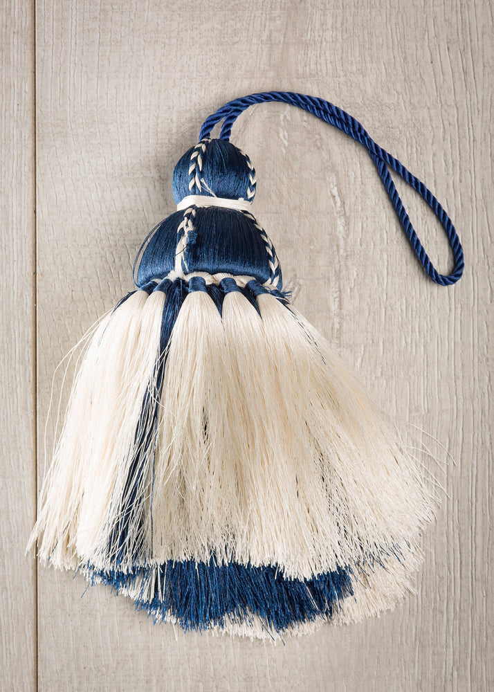 
            
                Load image into Gallery viewer, White &amp;amp; Navy Tassel, Trellis Home Tassels &amp;amp; Trims Collection with Pyar&amp;amp;Co.
            
        