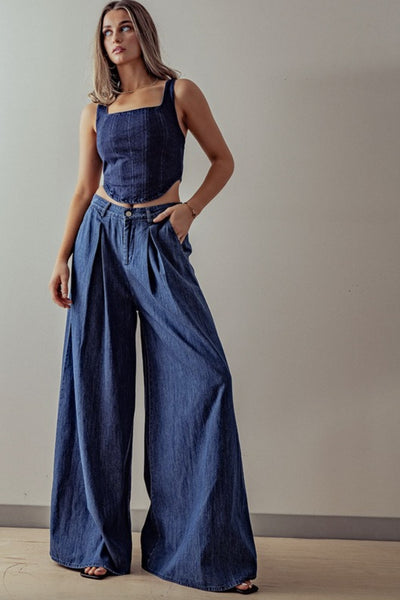 【INCHANT ME】804 Pleated Long Wide Denim Pants Wide-Leg-Pleated-Denim-