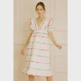 
            
                Load image into Gallery viewer, Multi-color Border Trim Ruffled Midi Dress
            
        