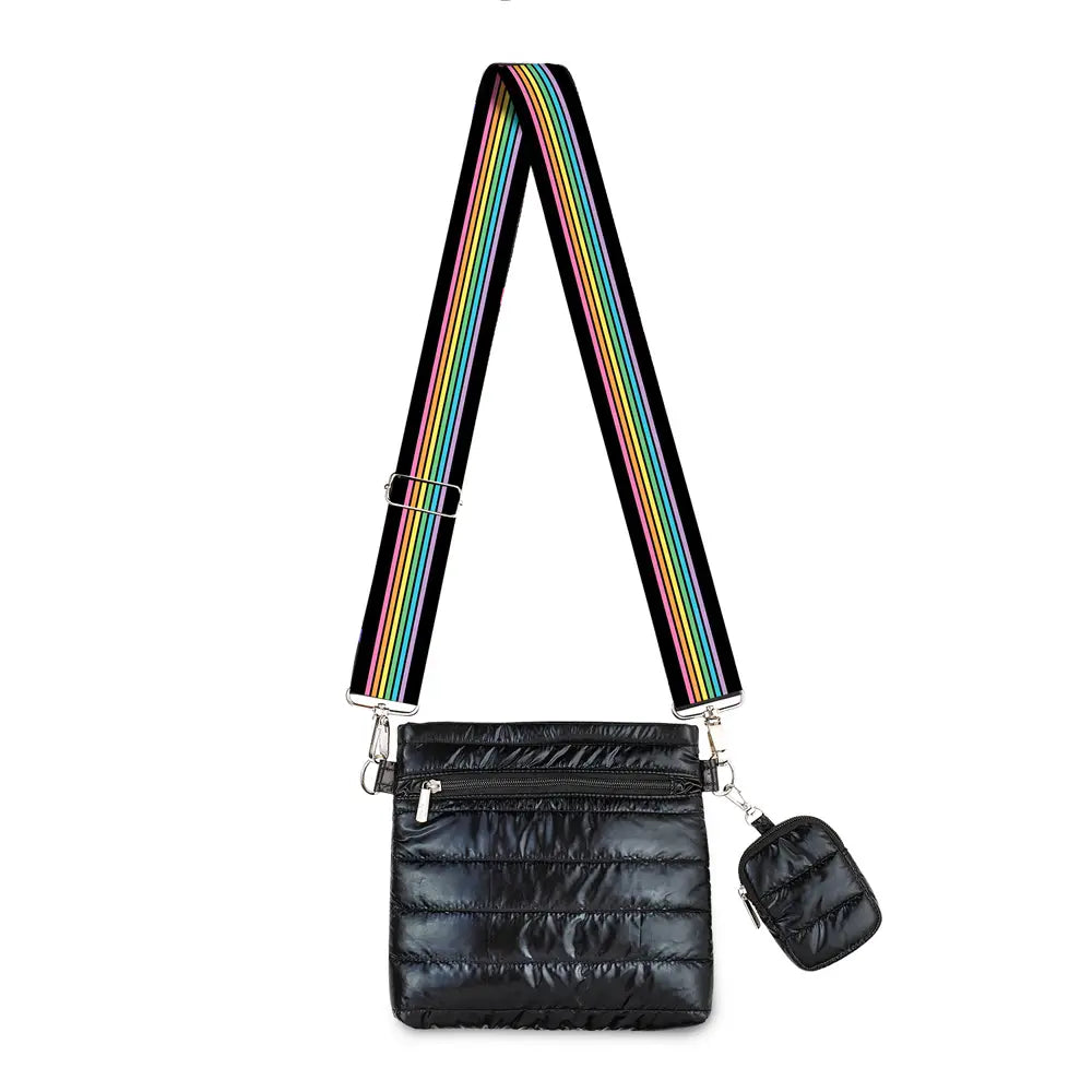 
            
                Load image into Gallery viewer, Black Puffer Crossbody Hip Bag w/Rainbow Track Strap
            
        